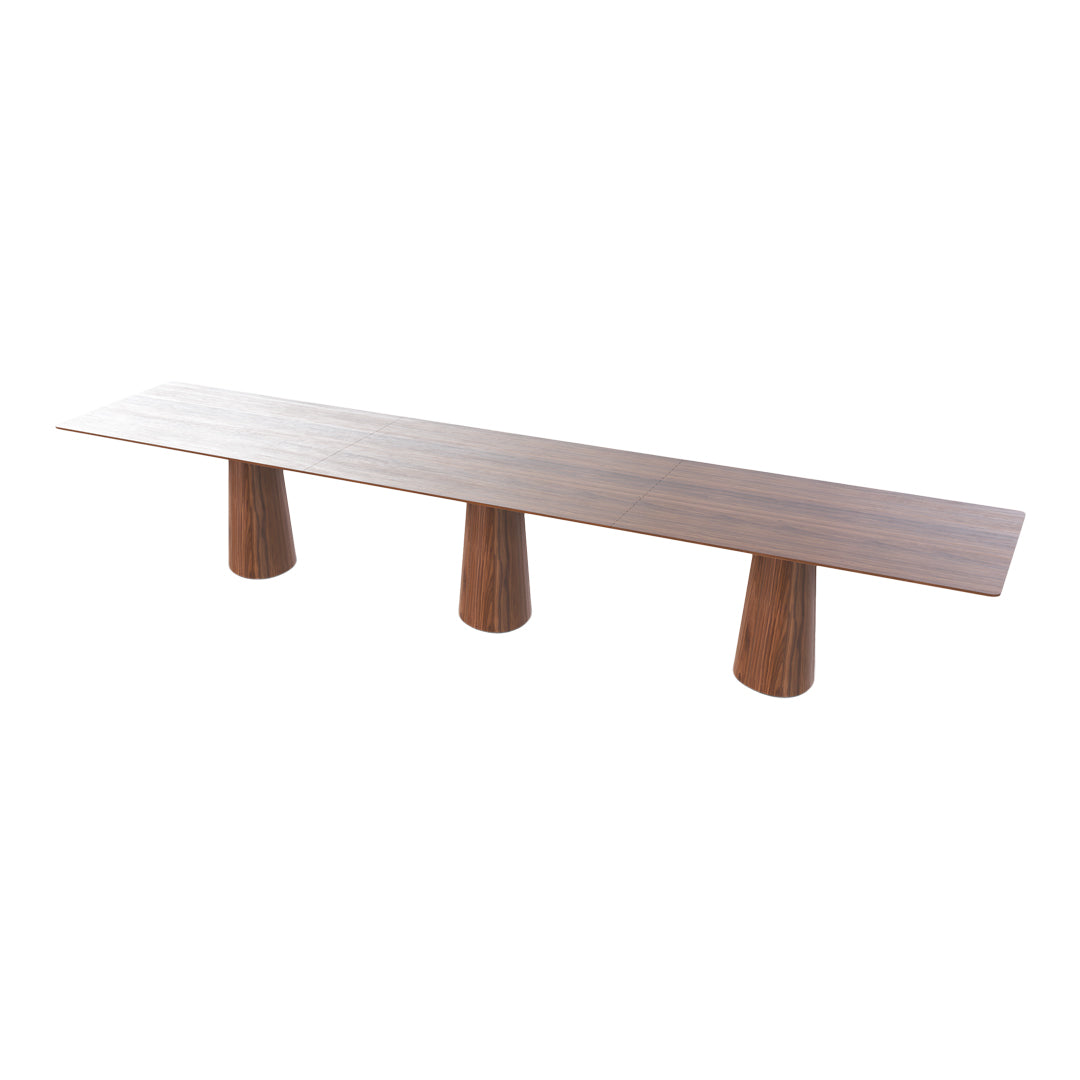 Long wooden bench with a sleek walnut finish and unique cone-shaped legs, featuring a smooth, minimalist design.