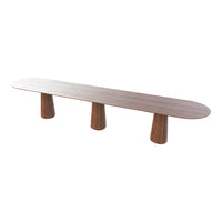 Long, oval wooden table with a smooth walnut finish and three rounded pedestal legs. Elegant and minimalist design.