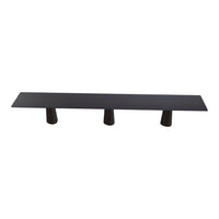 Stylish black bench with minimalist design and solid color, featuring three tapered legs for modern elegance.