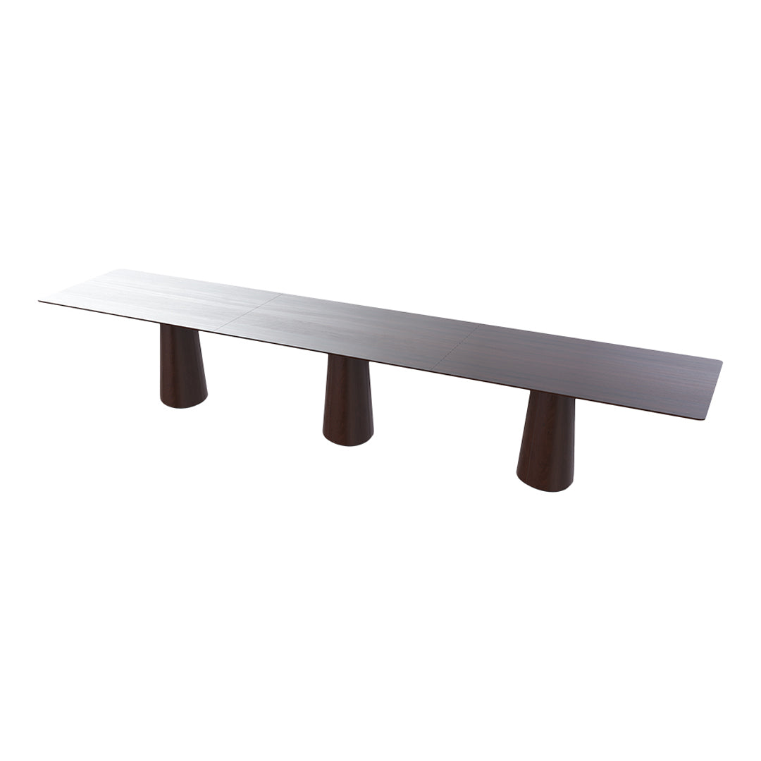 Modern elongated bench in dark brown with sleek, minimalist design and three unique cone-shaped legs.