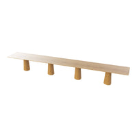 Natural wood bench with a smooth, light finish and simple, cylindrical legs, showcasing a minimalist design.