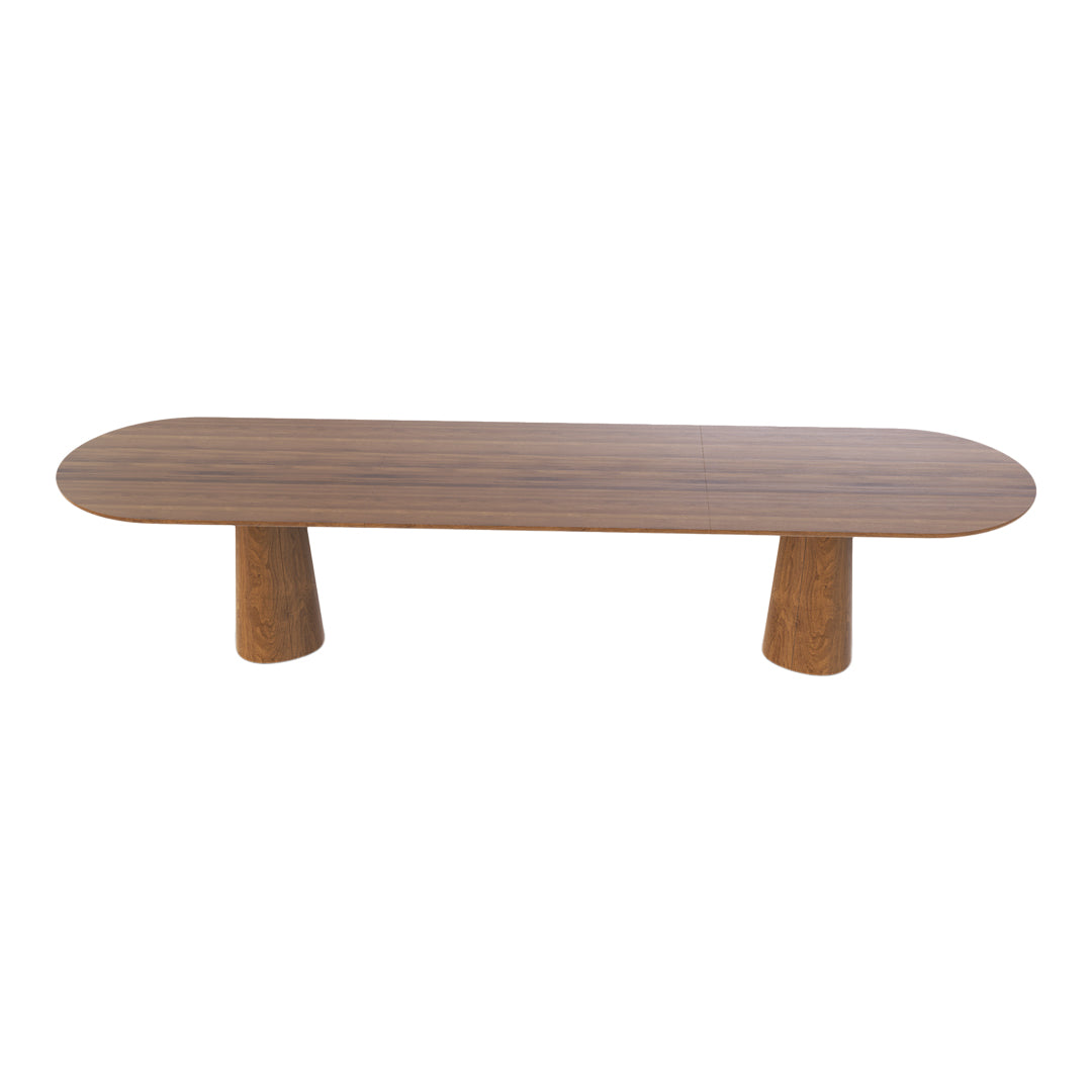 Natural wood coffee table in warm beige with a smooth, elongated surface and rounded edges, featuring two cylindrical legs.