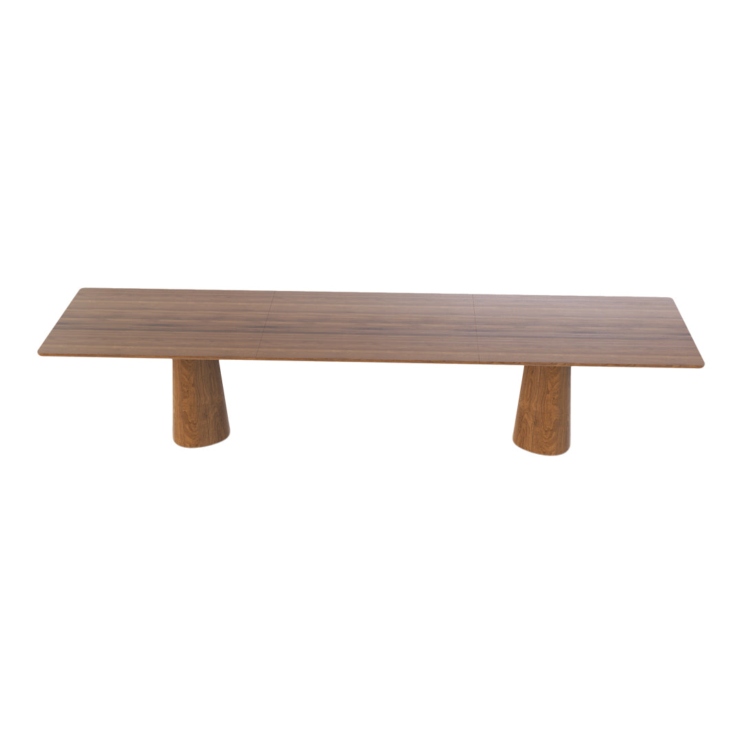 Natural wood coffee table with a smooth, light brown surface and two tapered matching legs. Minimalist design.
