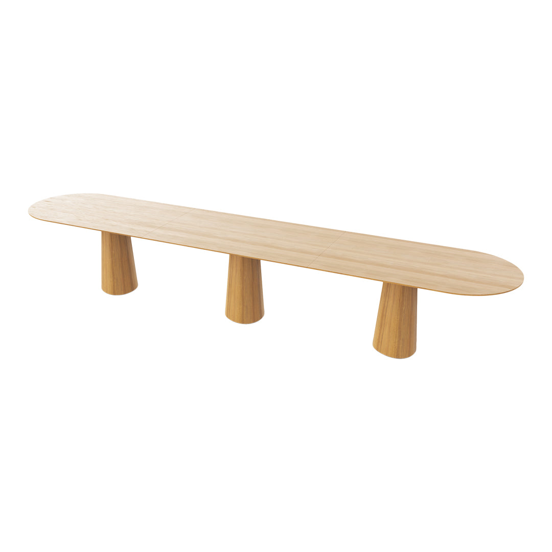 Light natural wood bench with a smooth, elongated surface and three cylindrical legs, featuring a minimalist design.