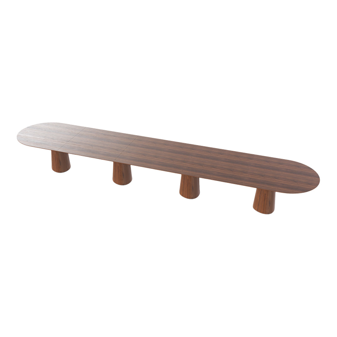 Long oval wooden bench in rich brown tones with a subtle grain pattern and round, sturdy legs.