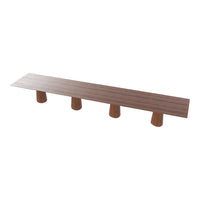 Long brown bench with a smooth, dark wood finish and rounded, wooden legs, showcasing a minimalist design.