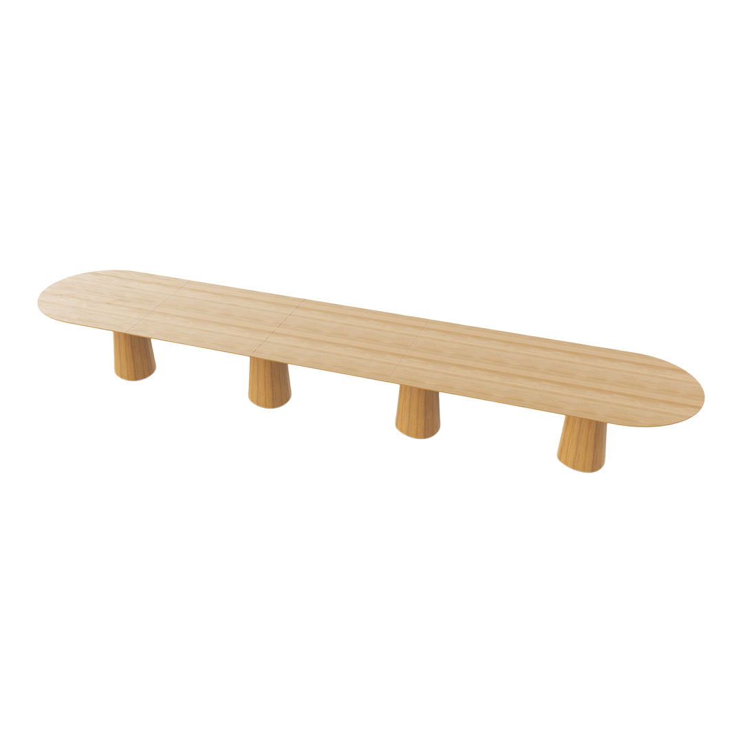 Light beige wooden bench with a smooth oval top and four cylindrical legs, featuring a minimalist design.
