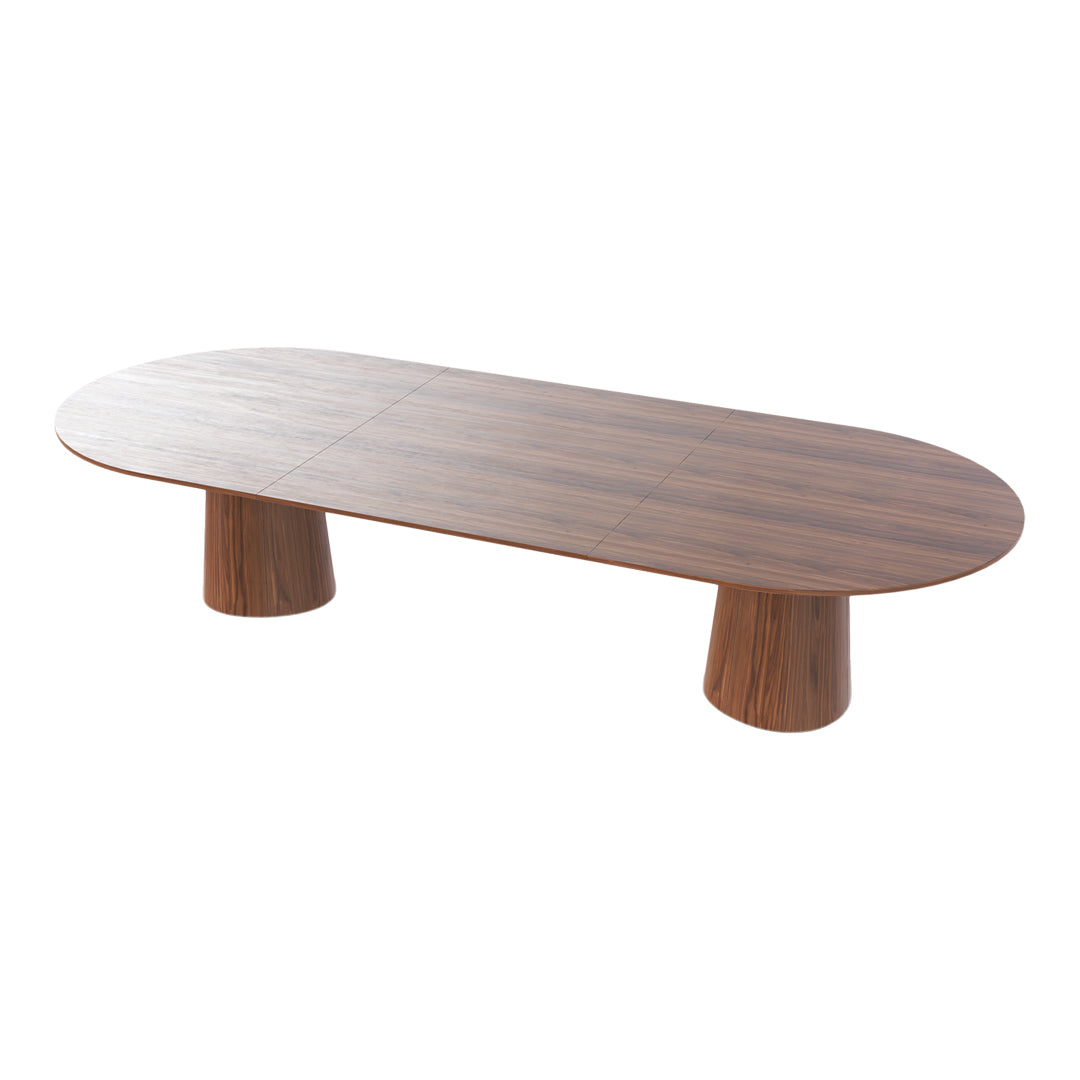 Oval wooden coffee table with a rich walnut finish and smooth, minimalist design. Clean lines and modern appeal.