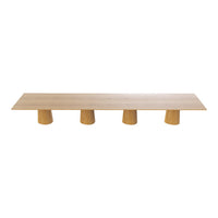 Light oak rectangular table with four textured, cylindrical base legs in a natural wood finish.