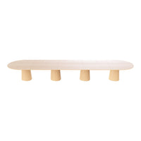 Light wood finish coffee table with a smooth top and four rounded base legs, showcasing a minimalist design.