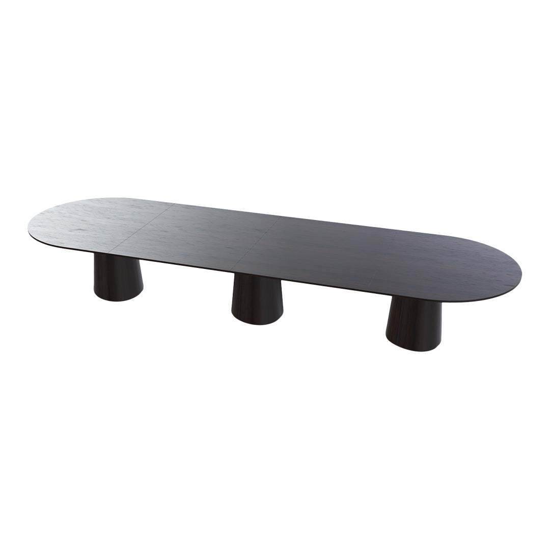 Sleek black oval coffee table with matte finish and three cylindrical legs, perfect for modern decor.