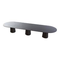Sleek black oval coffee table with matte finish and three cylindrical legs, perfect for modern decor.