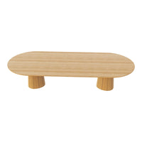 Light oak wood coffee table with a smooth, oval top and rounded cylindrical legs, showcasing a natural wood grain pattern.