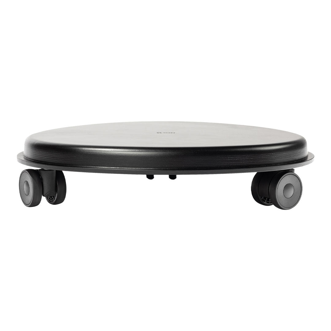 Black circular roller with smooth surface and sturdy wheels, perfect for versatile movement and stability.