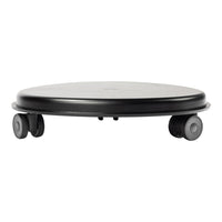 Black circular roller with smooth surface and sturdy wheels, perfect for versatile movement and stability.