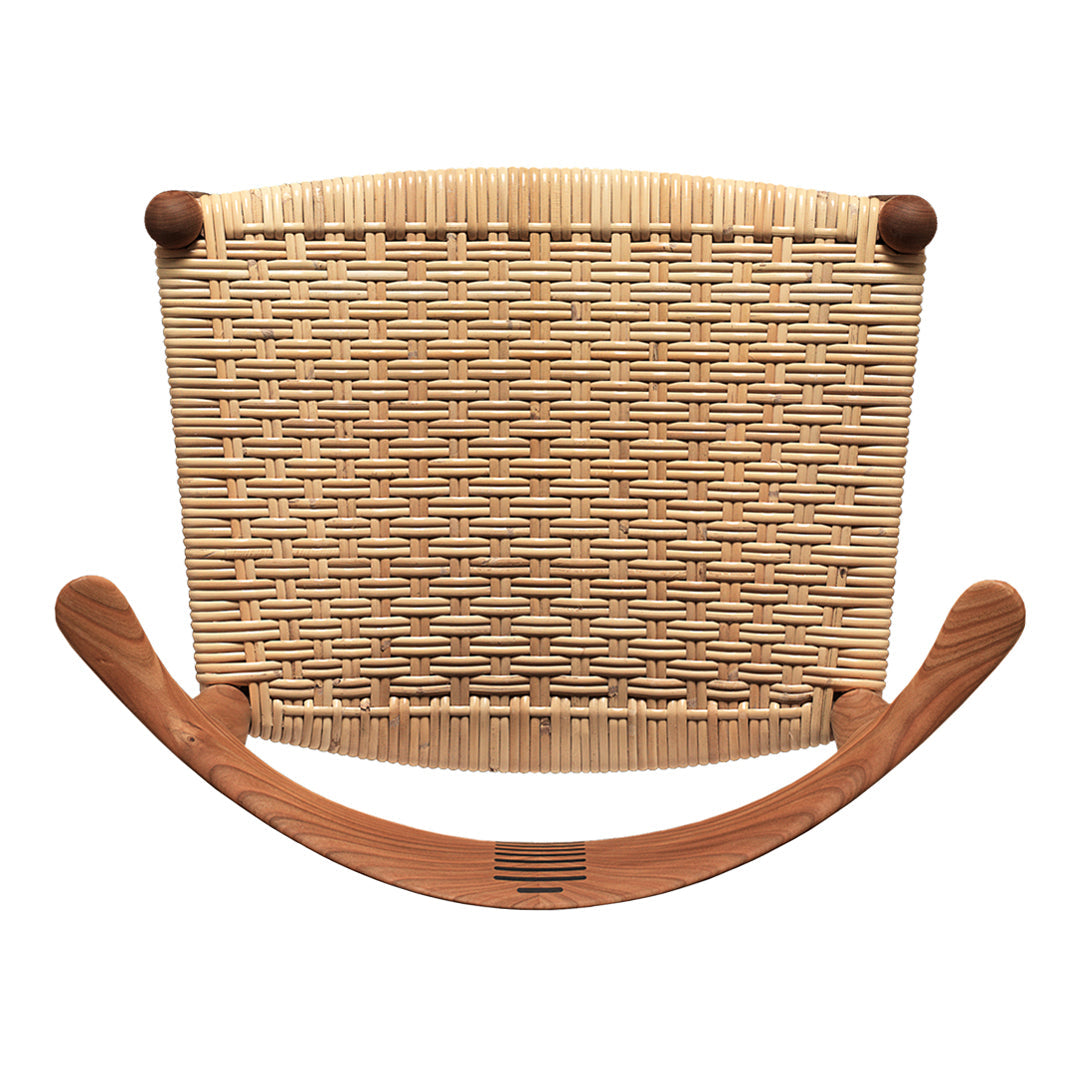 Natural woven pattern in beige with a light wooden frame, featuring curved rockers for a cozy look.