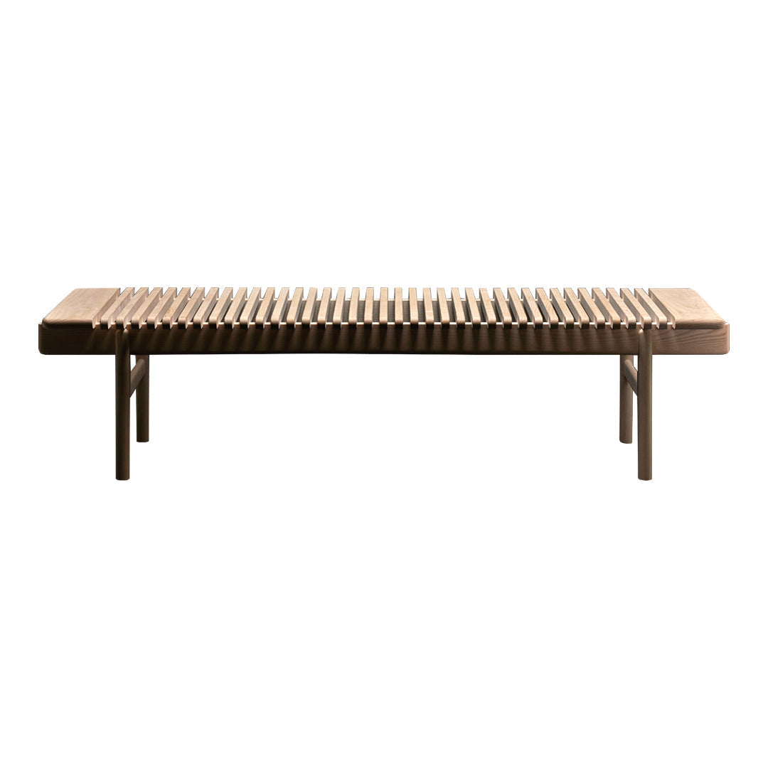 Wooden slatted coffee table in rich brown tones with a sleek black metal frame, showcasing a modern minimalist design.