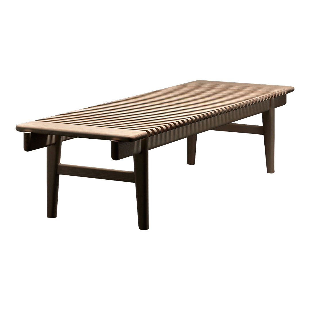Sleek brown outdoor bench with horizontal slatted pattern and a dark wooden frame for modern decor.