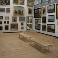 Art gallery interior with wooden benches, framed paintings in warm colors, and light wood flooring.
