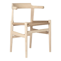 Natural wood chair with a minimalist design featuring light beige tones and simple, clean lines.