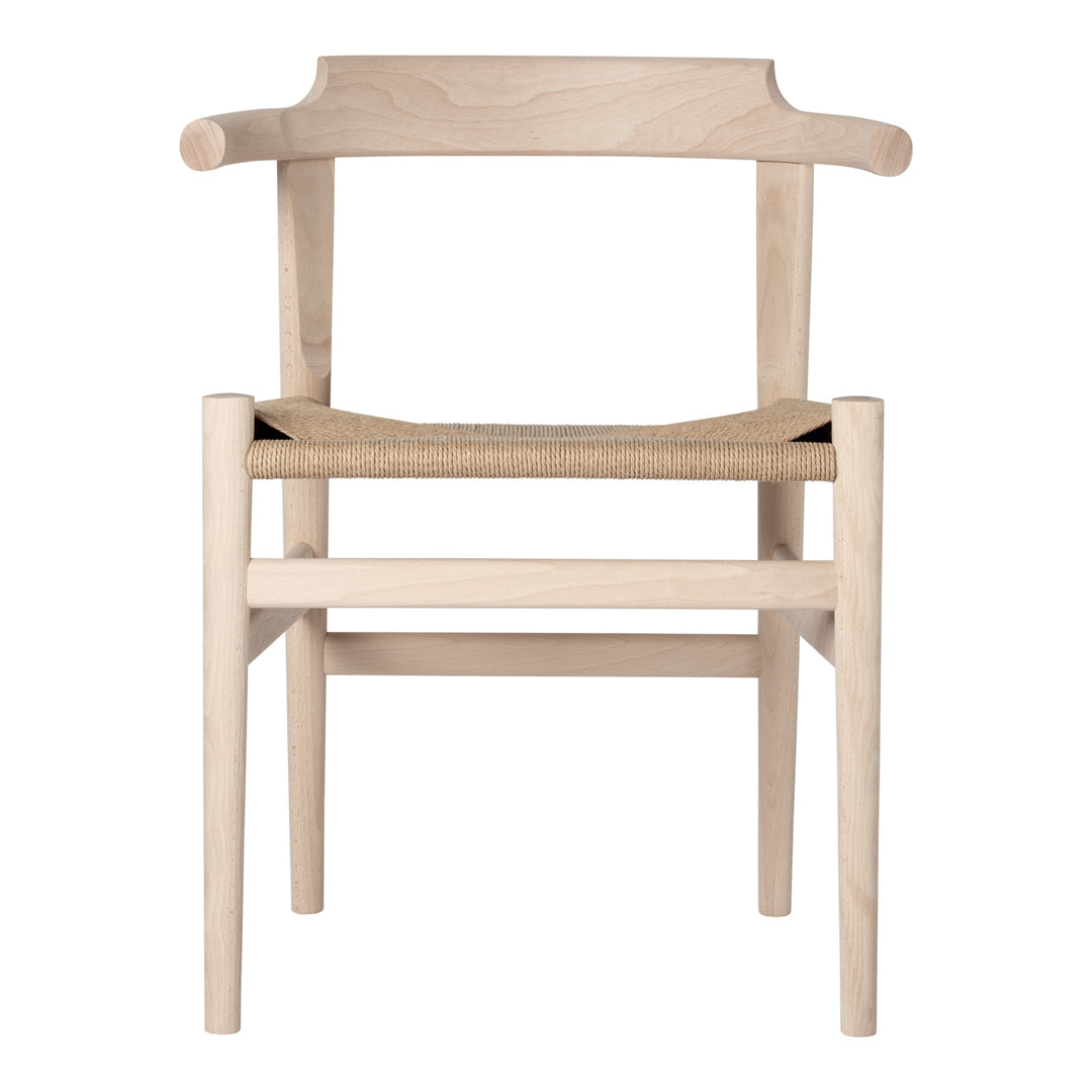 Natural wood chair with a light finish and woven seat, showcasing a minimalist design. Ideal for modern decor.