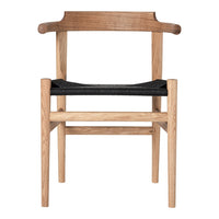 Natural wood chair with a light oak finish and a sleek black woven seat. Minimalist design with elegant lines.