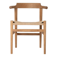 Natural wood chair with a minimalist design, featuring a warm oak finish and woven natural seat.