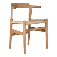 Natural wood color with a woven beige seat; minimalist design highlights clean lines and textures.