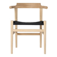 Natural wood chair with a light finish and a dark fabric seat, featuring a minimalist design and clean lines.