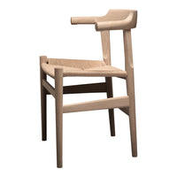 Natural wood chair with a smooth, light oak finish and minimalist design, featuring a simple, elegant structure.