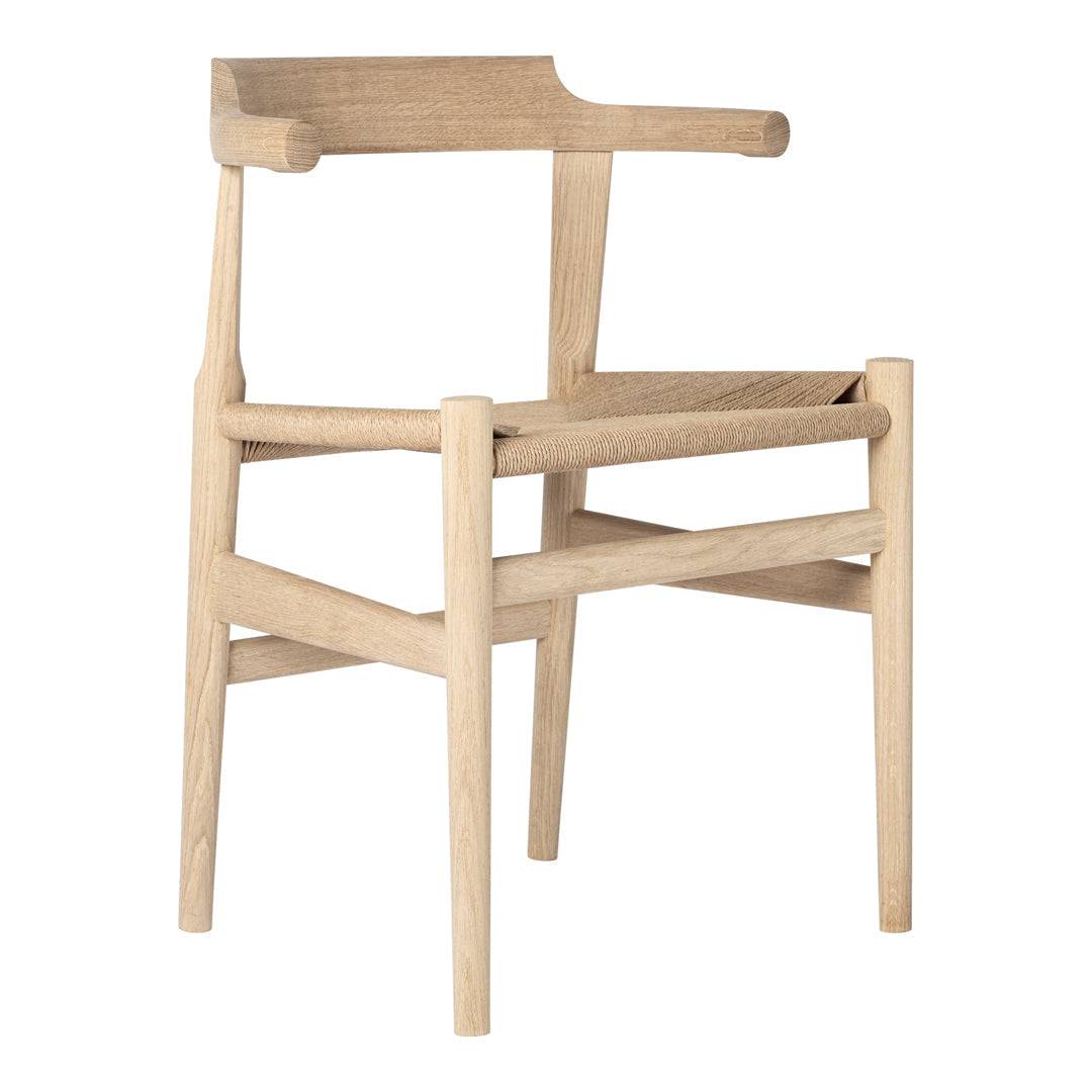 Natural wood chair with a light, unfinished oak color and minimalist design, featuring clean lines and no visible patterns.