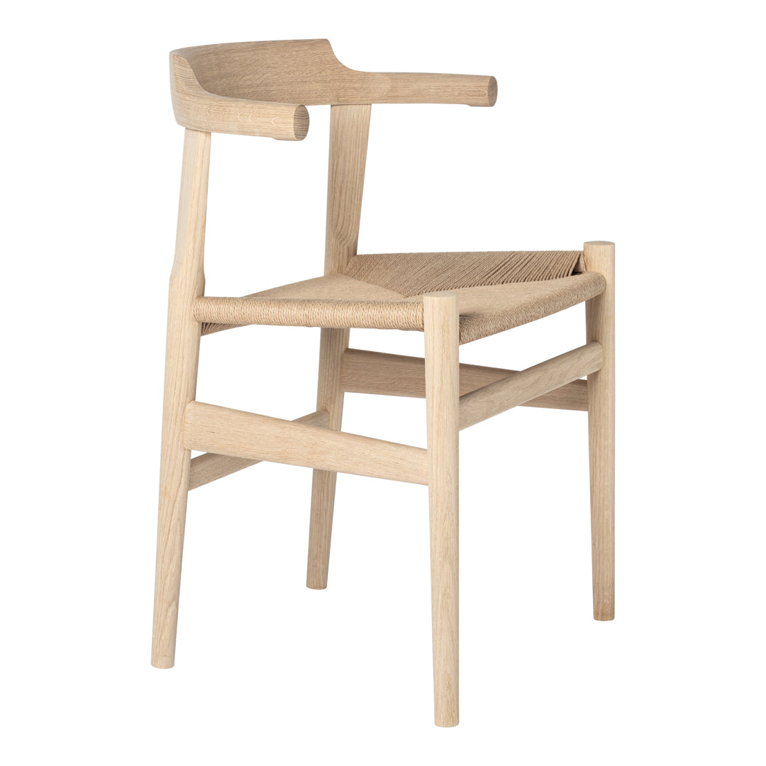 Natural wood chair with a light oak finish and minimalistic design, featuring clean lines and smooth contours.