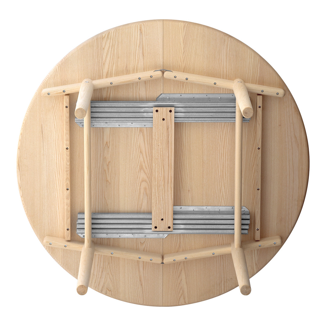 "Round wooden table with light natural wood finish and metal support, featuring a smooth, simple pattern."