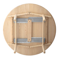 "Round wooden table with light natural wood finish and metal support, featuring a smooth, simple pattern."
