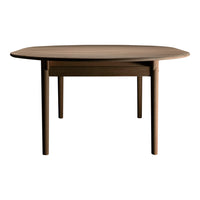 "Round wooden dining table in rich brown finish with smooth, sleek surface and minimalist design."