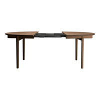 Brown wood dining table with a modern design, featuring smooth, rounded edges and a contrasting black extension center.