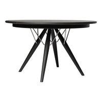Black round dining table with a geometric wire design and tapered wooden legs. Sleek modern aesthetic perfect for any decor.