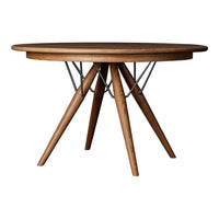 Round wooden table with a rich walnut finish and sleek metal accents, featuring a minimalist design and angular legs.