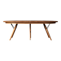 Oval wooden dining table with a rich brown finish and sleek mid-century modern legs in natural wood tones.