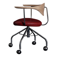 Red leather seat with natural wood and sleek chrome accents, showcasing a modern minimalistic design.