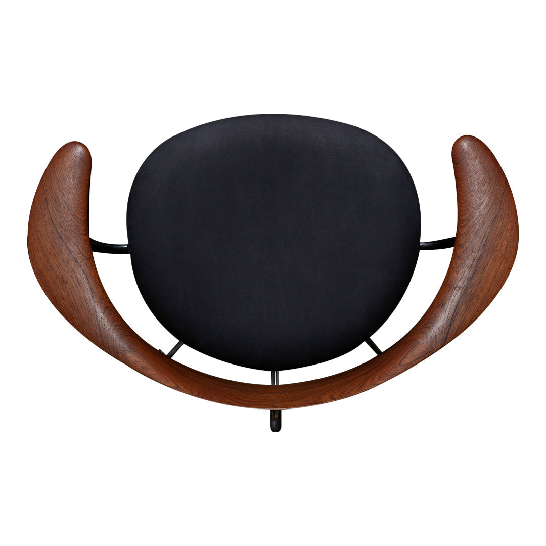 Black cushion with smooth wood arms, showcasing a sleek, minimalist design for modern living spaces.