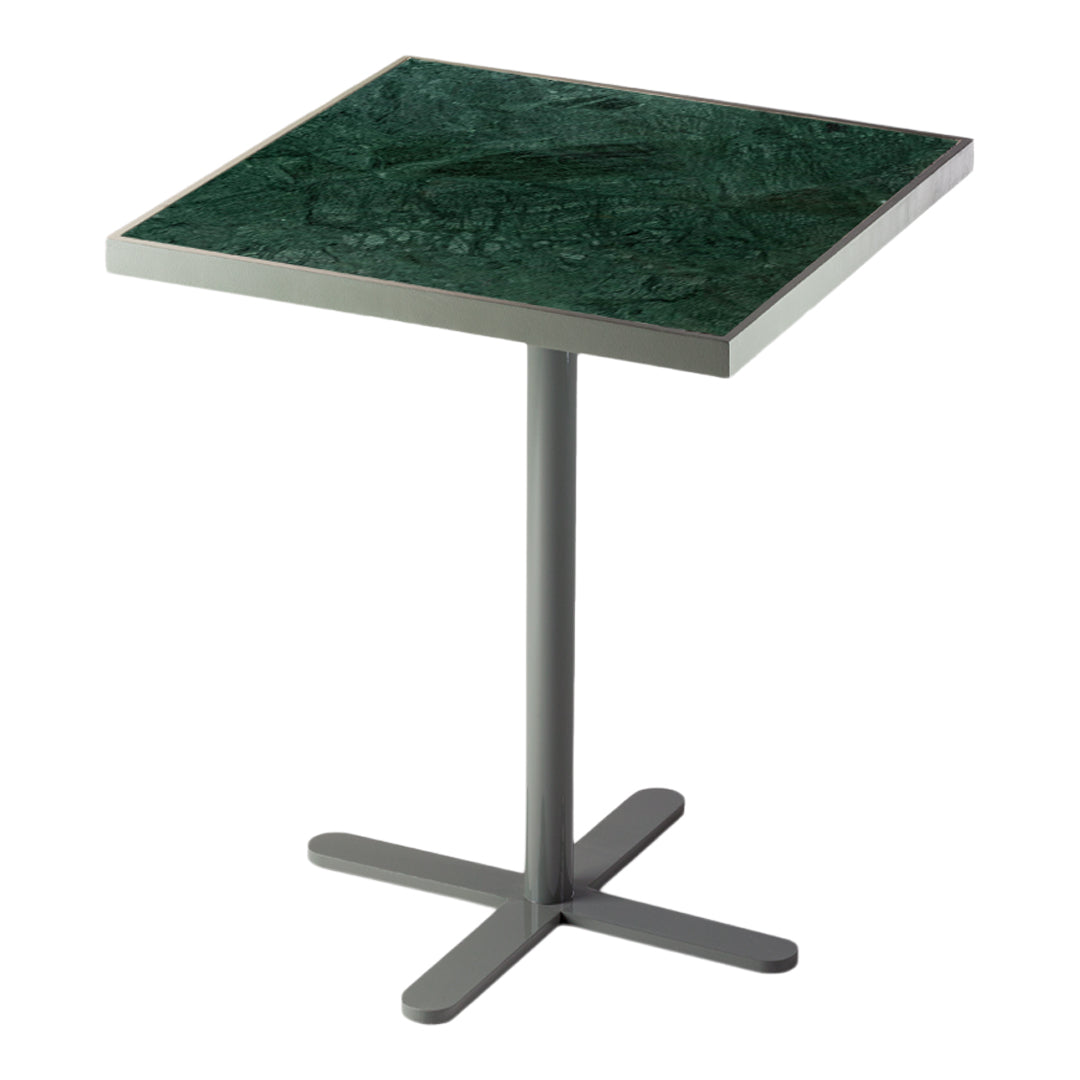 Square table with a textured dark green surface and a sleek gray metal base. Modern and stylish design.