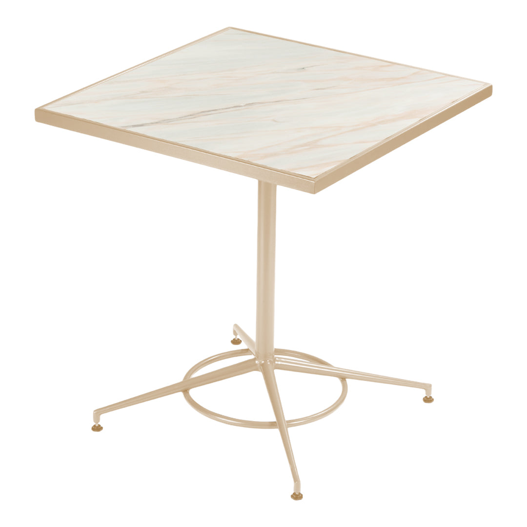 Square table with a soft marble-patterned top in light beige and cream, featuring a sleek metal base in light gold.