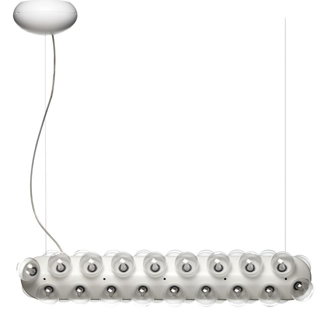 Sleek white pendant light with circular motifs and metallic accents for a modern touch in any space.