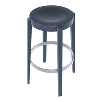 Modern blue bar stool with a sleek circular seat and minimalist design. Features stylish gray metal legs.