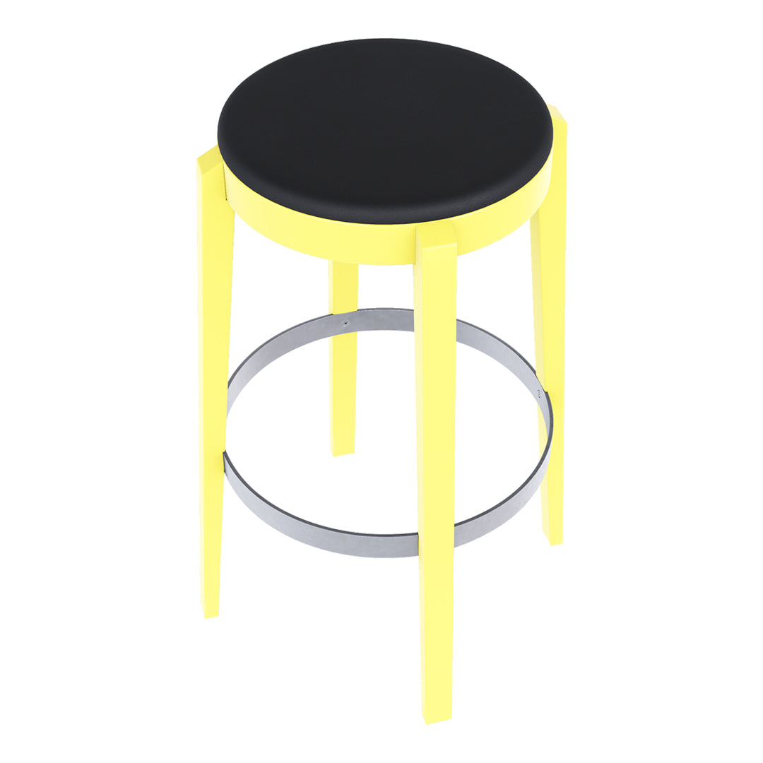 Black seat bar stool with bright yellow legs and chrome footrest, featuring a modern and vibrant design.