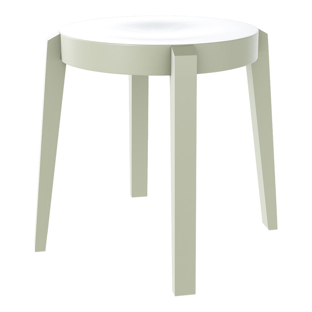 Light green stool with a smooth white top and minimalist design, featuring straight legs and no intricate patterns.