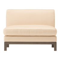 Cream-colored upholstered chair with a sleek, modern design and dark wood legs. Ideal for contemporary interiors.