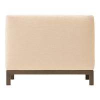 Beige upholstered bench with a smooth, solid pattern and dark brown wooden legs, ideal for modern decor.