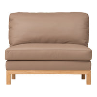 Beige upholstered chair with a smooth surface and light wood legs, showcasing a modern, minimalist design.